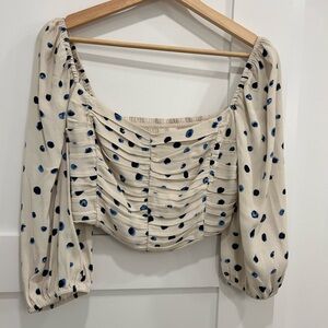 Wilfred Cream Ruched Crop Top with Wide Neckline and Long Sleeves